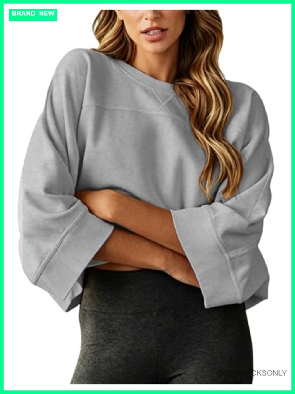 Cropped Sweatshirt Oversized Crew Neck 3/4 Sleeve Loose Fit Pullover